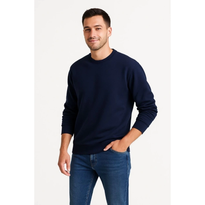 Üç İplik Düz Bisiklet Yaka SweatShirt - Lacivert