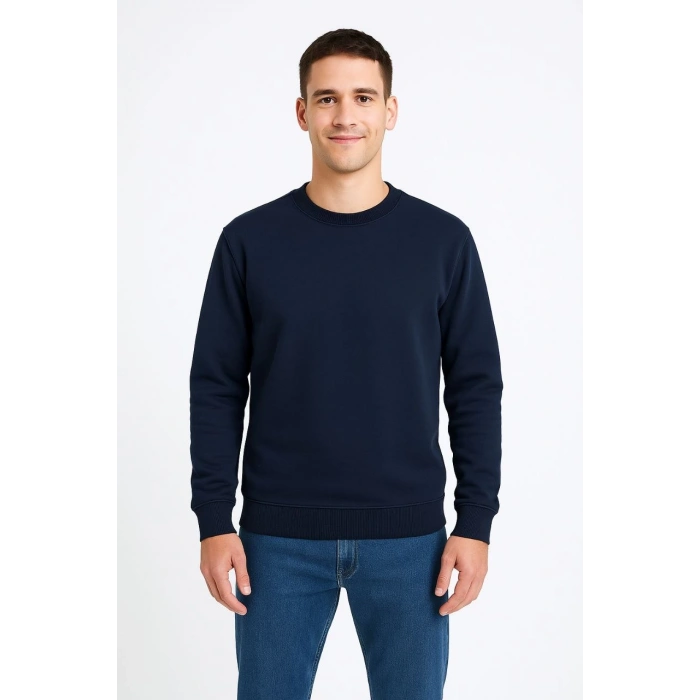 Üç İplik Düz Bisiklet Yaka SweatShirt - Lacivert