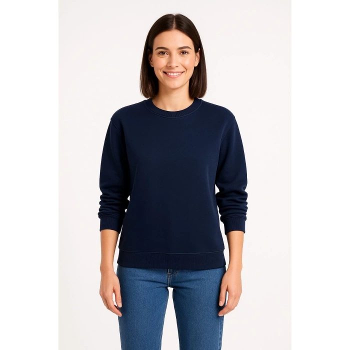 Üç İplik Düz Bisiklet Yaka SweatShirt - Lacivert