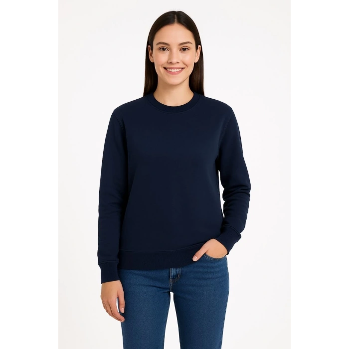 Üç İplik Düz Bisiklet Yaka SweatShirt - Lacivert