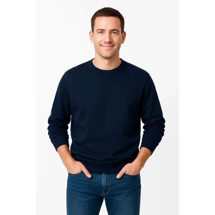 Üç İplik Düz Bisiklet Yaka SweatShirt - Lacivert