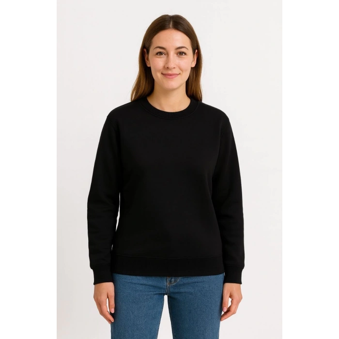Üç İplik Düz Bisiklet Yaka SweatShirt - Siyah -