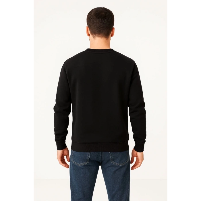 Üç İplik Düz Bisiklet Yaka SweatShirt - Siyah -