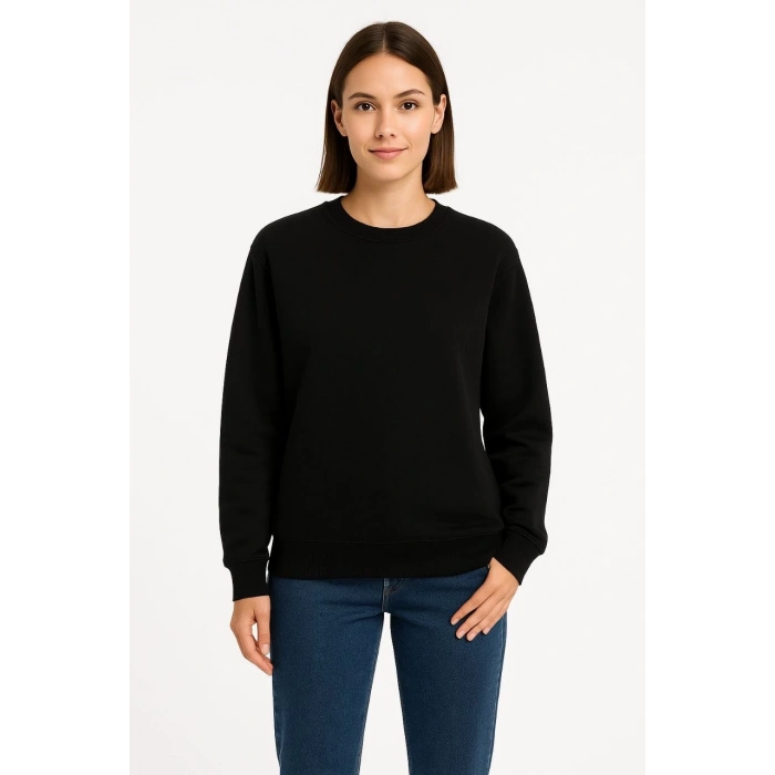 Üç İplik Düz Bisiklet Yaka SweatShirt - Siyah -