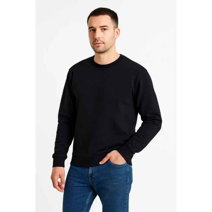 Üç İplik Düz Bisiklet Yaka SweatShirt - Siyah -