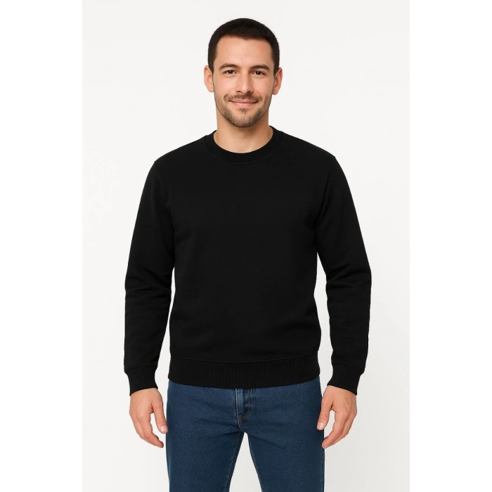 Üç İplik Düz Bisiklet Yaka SweatShirt - Siyah -