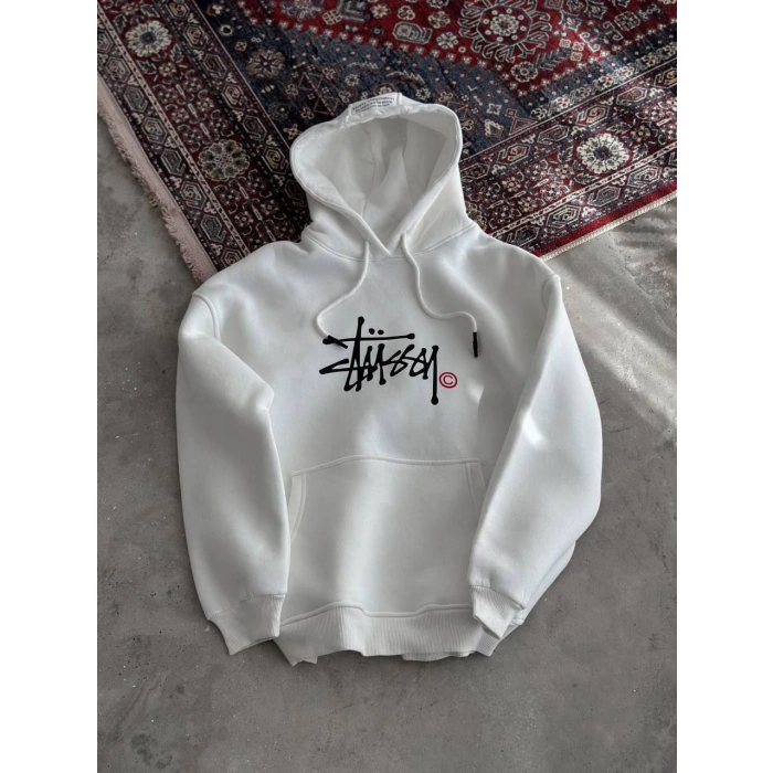 Üç İplik Kapşonlu Baskılı SweatShirt - Beyaz -