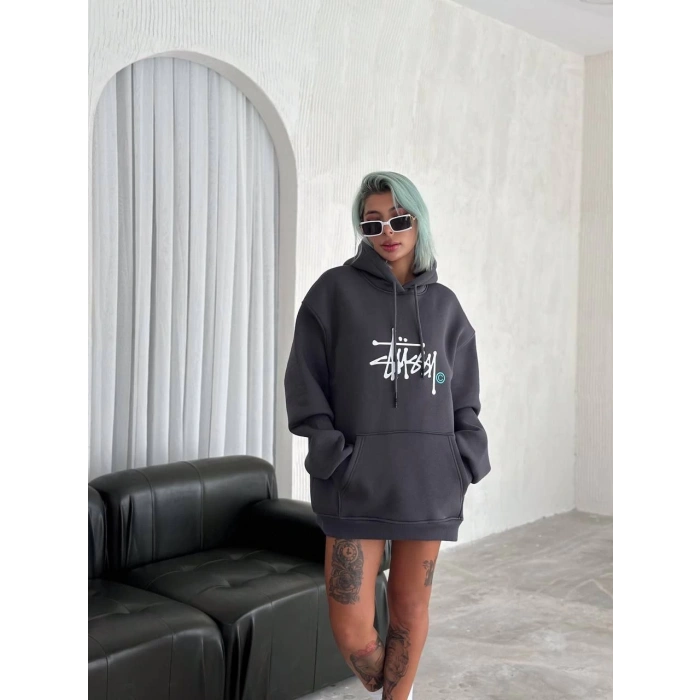 Üç İplik Kapşonlu Baskılı SweatShirt - Füme -