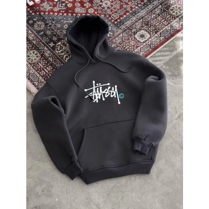 Üç İplik Kapşonlu Baskılı SweatShirt - Füme -