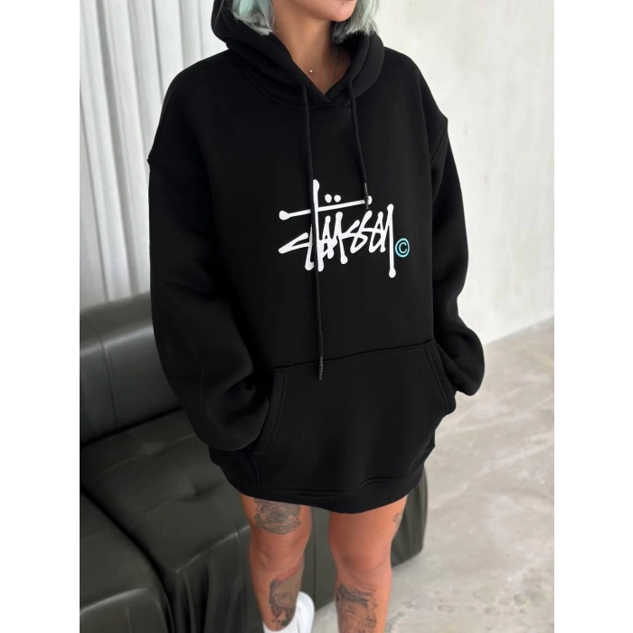 Üç İplik Kapşonlu Baskılı SweatShirt - Siyah -
