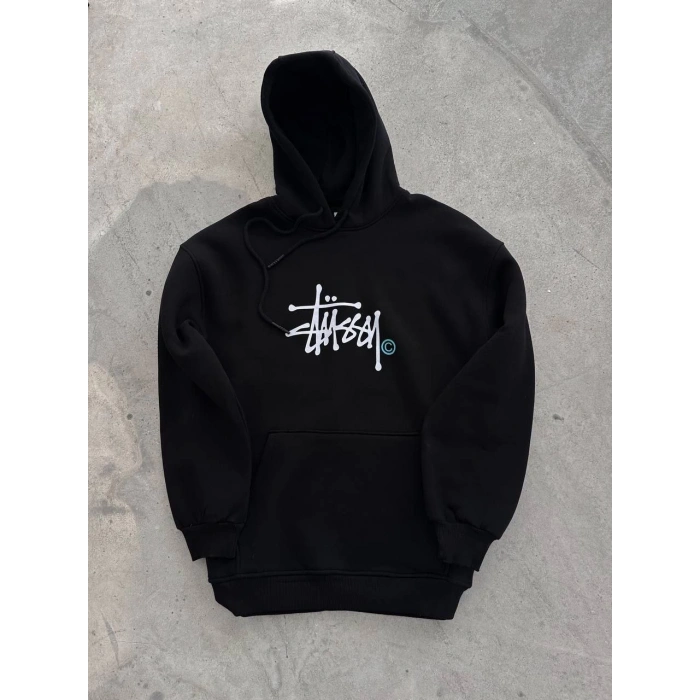 Üç İplik Kapşonlu Baskılı SweatShirt - Siyah -