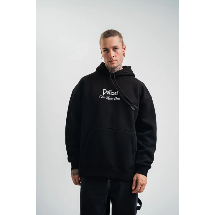 Üç İplik Kapşonlu Dijital Patchli SweatShirt - Siyah -