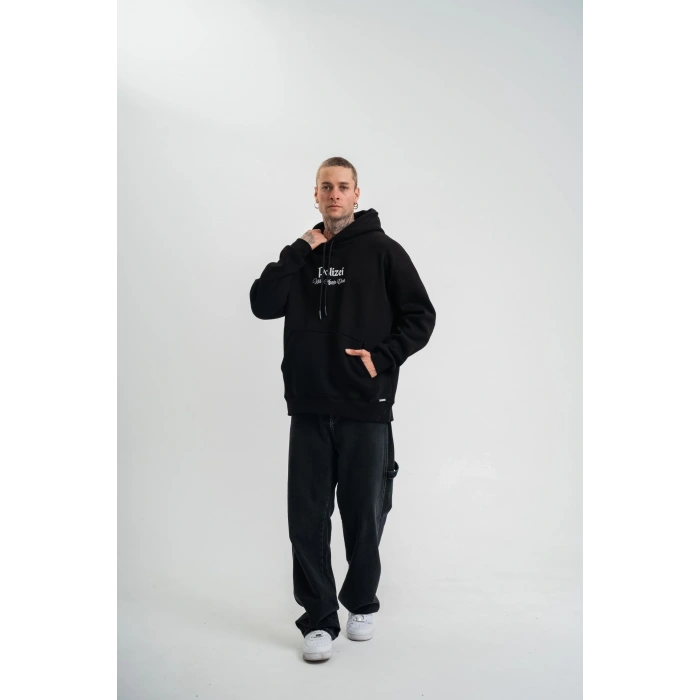 Üç İplik Kapşonlu Dijital Patchli SweatShirt - Siyah -