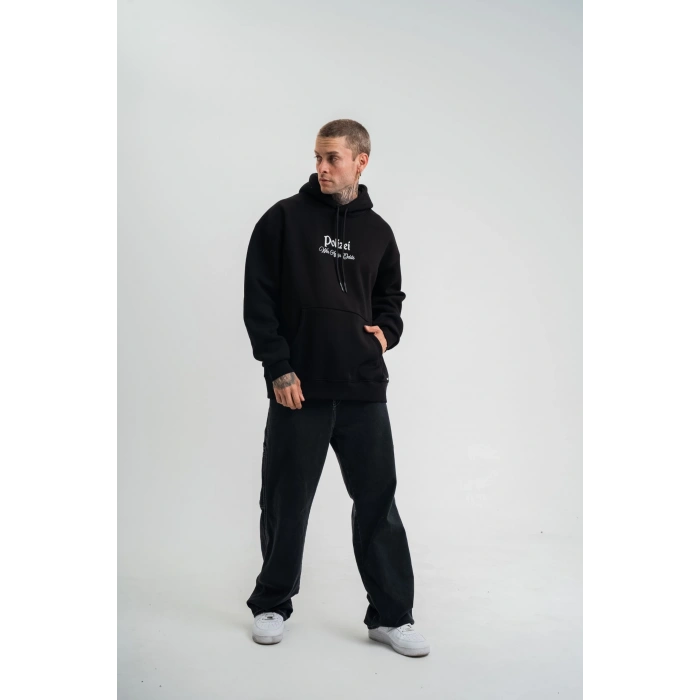 Üç İplik Kapşonlu Dijital Patchli SweatShirt - Siyah -