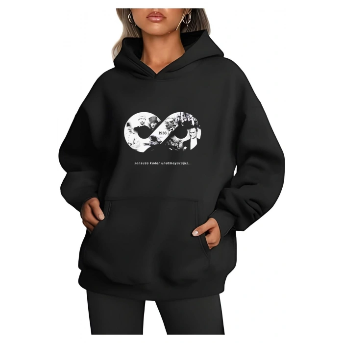 Üç İplik kapüşonlu 10 Kasıma Özel SweatShirt - Siyah -
