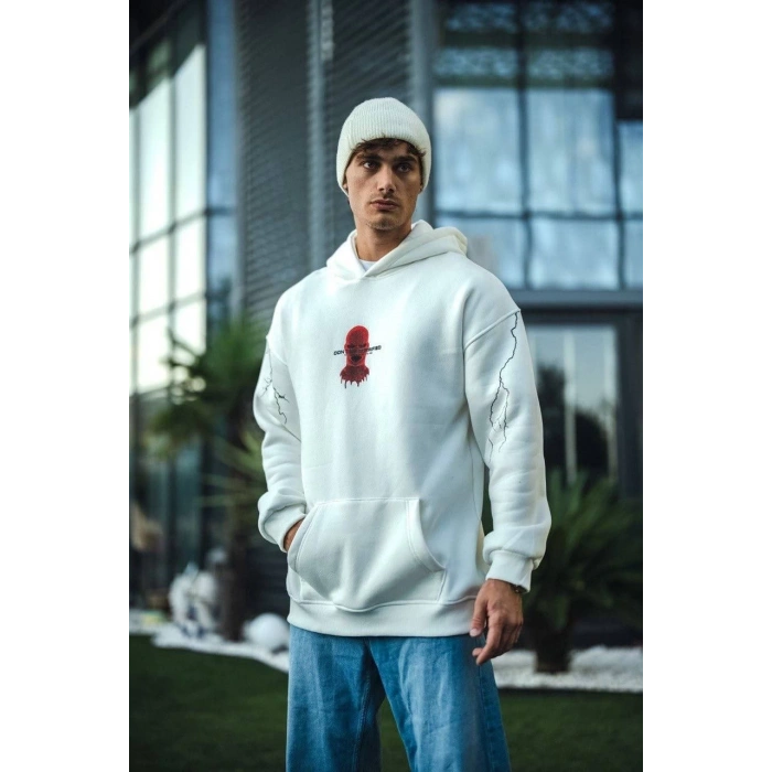 Üç İplik Kapüşonlu Baskılı Oversize SweatShirt- Beyaz