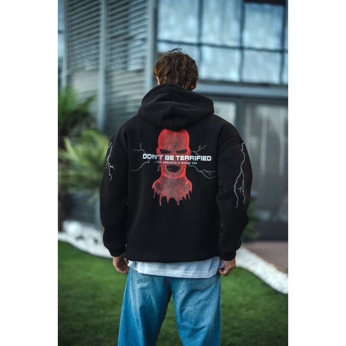 Üç İplik Kapüşonlu Baskılı Oversize SweatShirt- Siyah