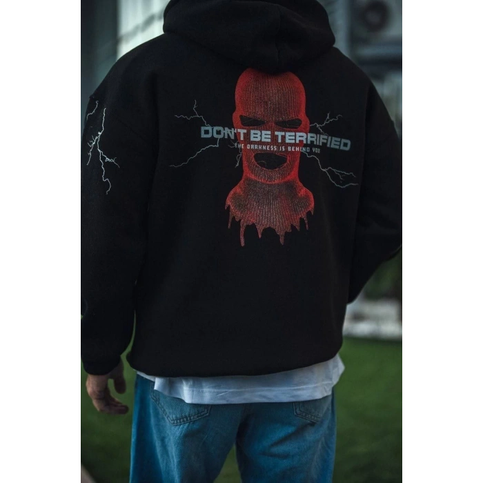 Üç İplik Kapüşonlu Baskılı Oversize SweatShirt- Siyah