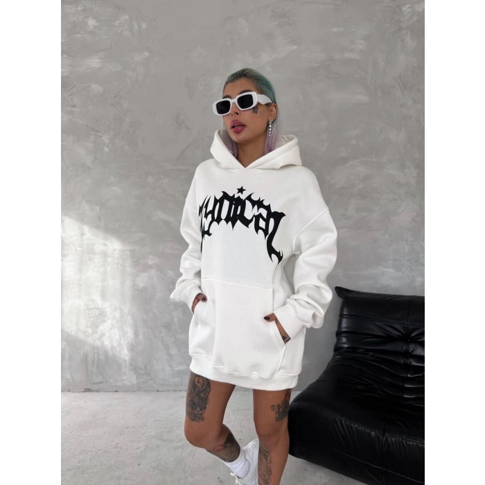 Üç İplik Kapüşonlu Baskılı SweatShirt - Beyaz -