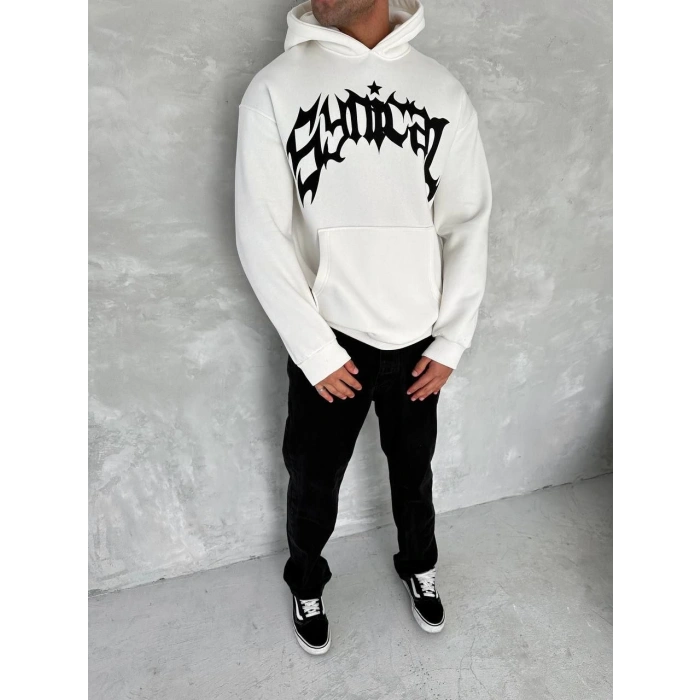 Üç İplik Kapüşonlu Baskılı SweatShirt - Beyaz -