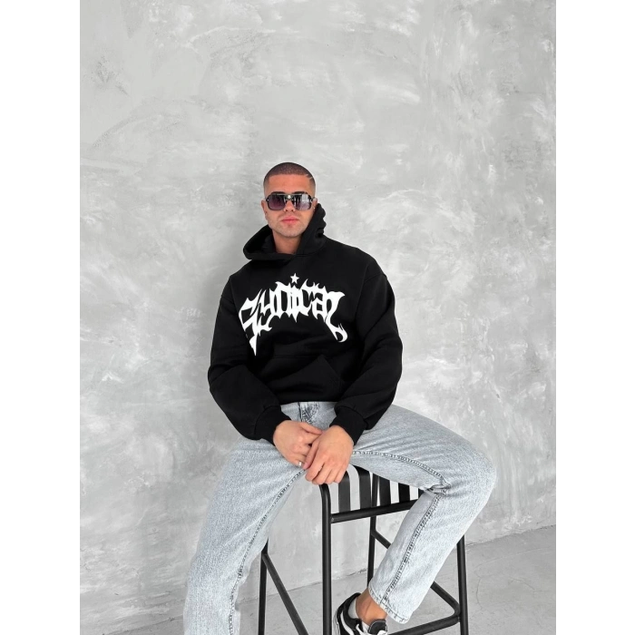 Üç İplik Kapüşonlu Baskılı SweatShirt - Siyah -