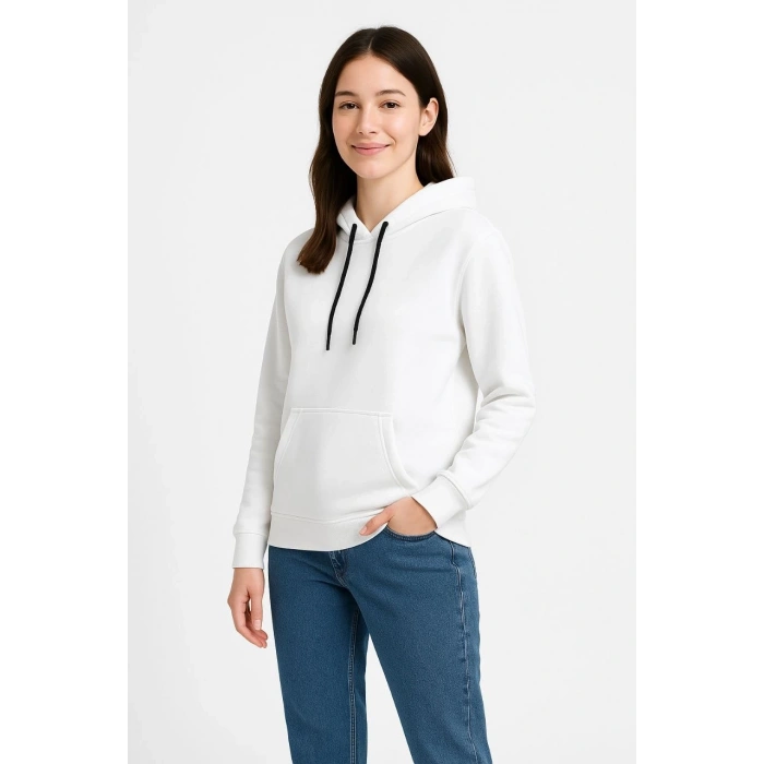 Üç İplik Kapüşonlu Kanguru Çepli SweatShirt hoodie - Beyaz -