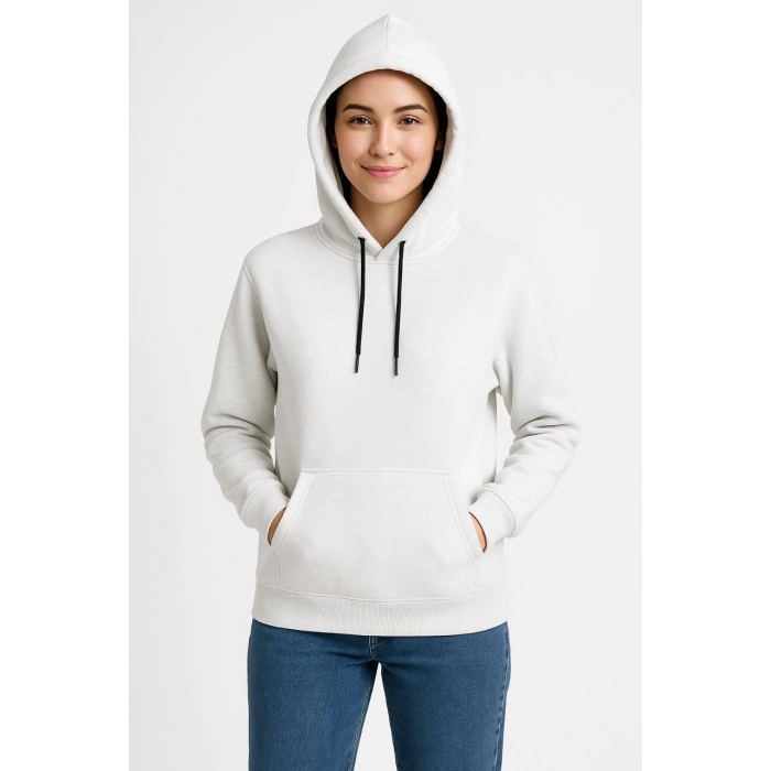 Üç İplik Kapüşonlu Kanguru Çepli SweatShirt hoodie - Beyaz -
