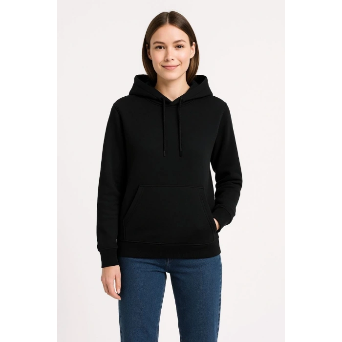 Üç İplik Kapüşonlu Kanguru Cepli Sweatshirt hoodie - Siyah -
