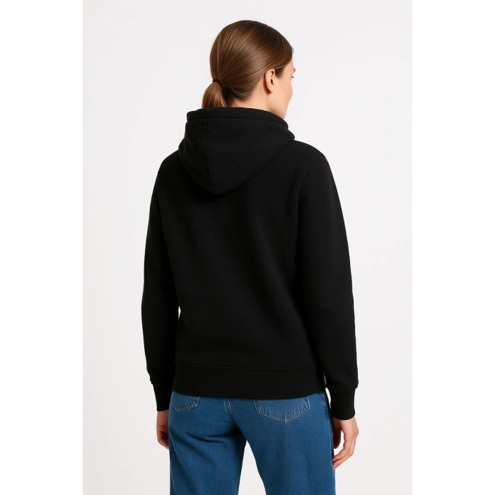 Üç İplik Kapüşonlu Kanguru Cepli Sweatshirt hoodie - Siyah -