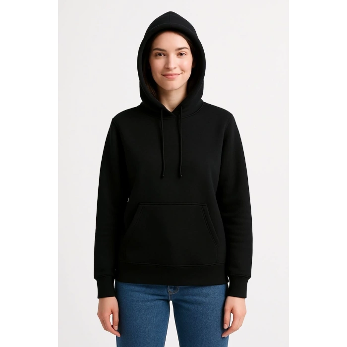 Üç İplik Kapüşonlu Kanguru Cepli Sweatshirt hoodie - Siyah -