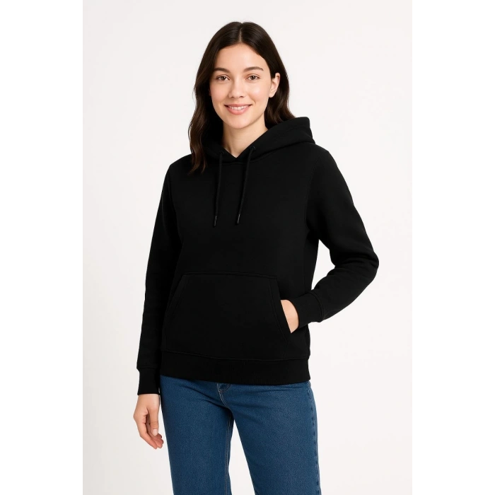 Üç İplik Kapüşonlu Kanguru Cepli Sweatshirt hoodie - Siyah -