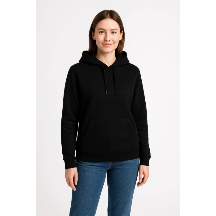 Üç İplik Kapüşonlu Kanguru Cepli Sweatshirt hoodie - Siyah -