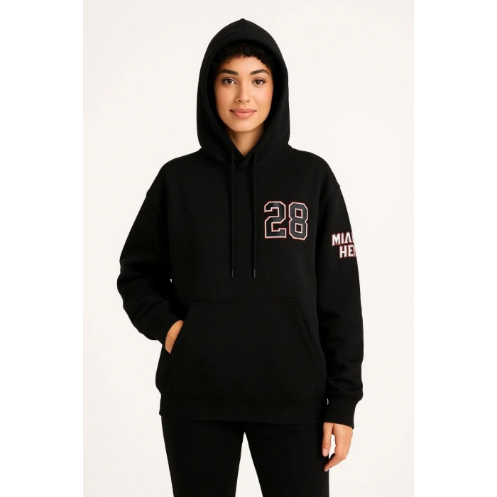 Üç İplik Kapüşonlu Ön ve Arka Baskılı SweatShirt hoodie - Siyah -