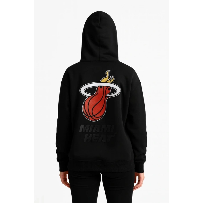 Üç İplik Kapüşonlu Ön ve Arka Baskılı SweatShirt hoodie - Siyah -