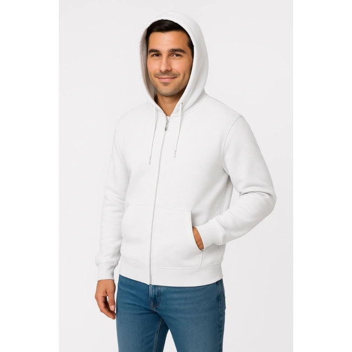 Üç İplik Kapüşonlu Tam Fermuarlı Kanguru Cepli SweatShirt Hoodie - Beyaz -