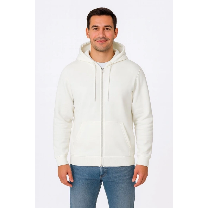 Üç İplik Kapüşonlu Tam Fermuarlı Kanguru Cepli SweatShirt Hoodie - Beyaz -