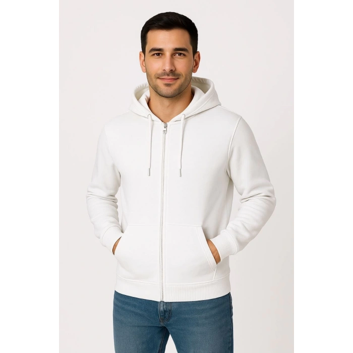 Üç İplik Kapüşonlu Tam Fermuarlı Kanguru Cepli SweatShirt Hoodie - Beyaz -