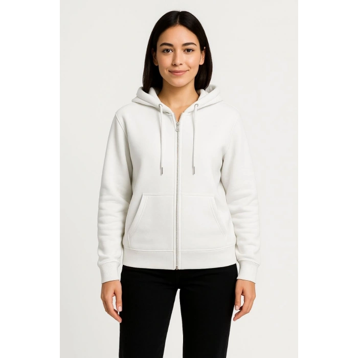 Üç İplik Kapüşonlu Tam Fermuarlı Kanguru Çepli SweatShirt Hoodie - Beyaz -