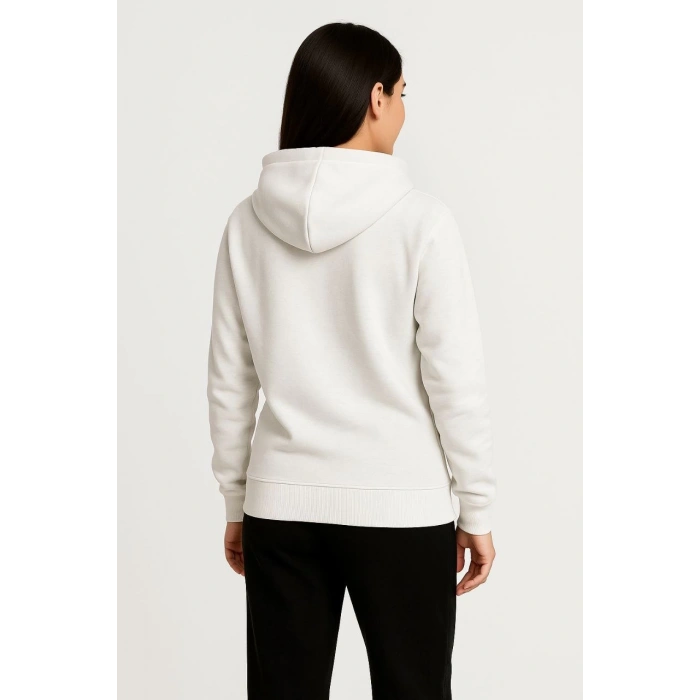 Üç İplik Kapüşonlu Tam Fermuarlı Kanguru Çepli SweatShirt Hoodie - Beyaz -