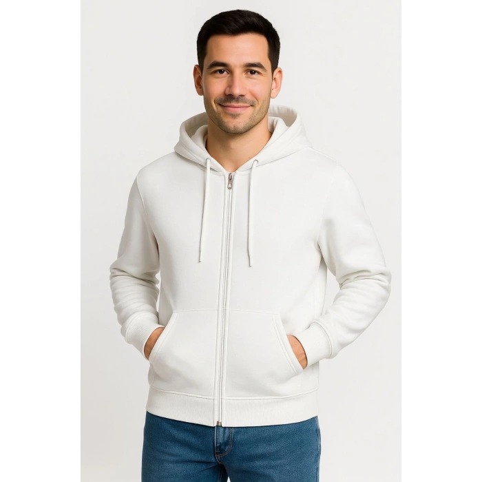 Üç İplik Kapüşonlu Tam Fermuarlı Kanguru Cepli SweatShirt Hoodie - Beyaz -