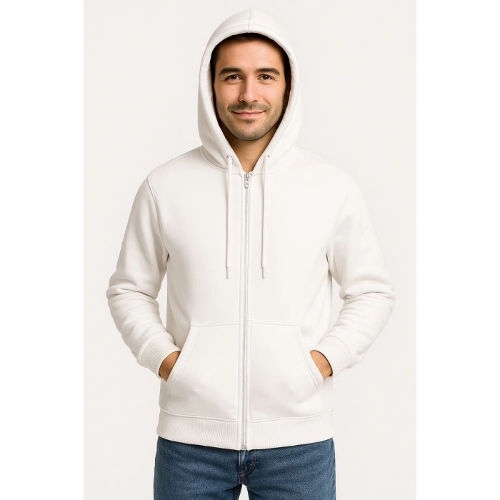 Üç İplik Kapüşonlu Tam Fermuarlı Kanguru Cepli SweatShirt Hoodie - Beyaz -