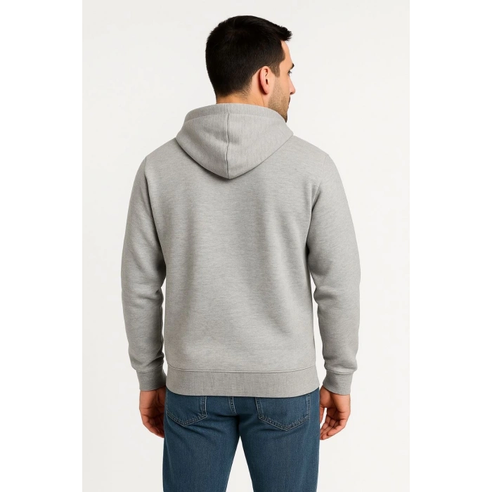 Üç İplik Kapüşonlu Tam Fermuarlı Kanguru Çepli SweatShirt Hoodie - Gri -
