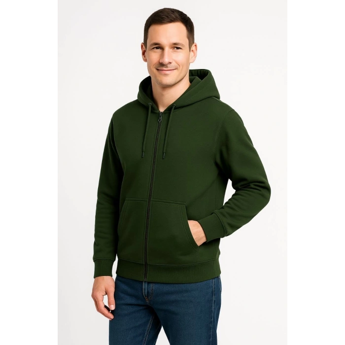 Üç İplik Kapüşonlu Tam Fermuarlı Kanguru Cepli Sweatshirt Hoodie - Haki -