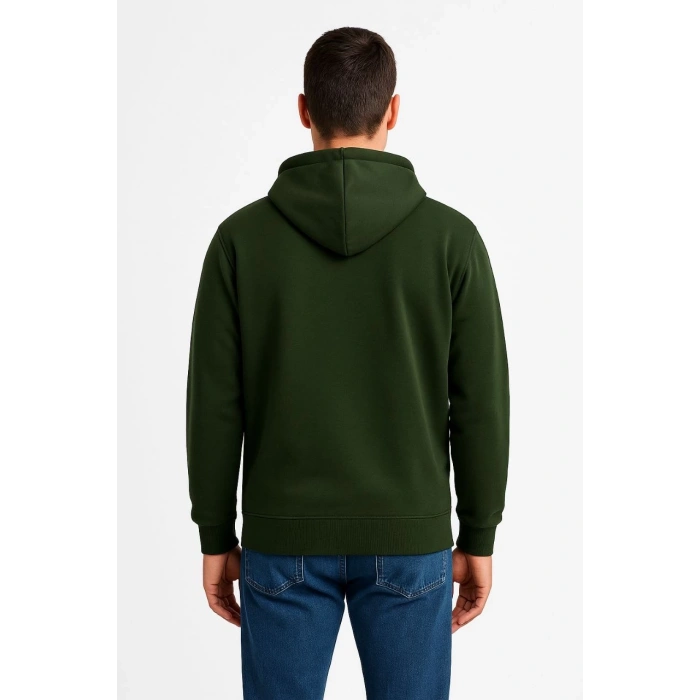 Üç İplik Kapüşonlu Tam Fermuarlı Kanguru Cepli Sweatshirt Hoodie - Haki -