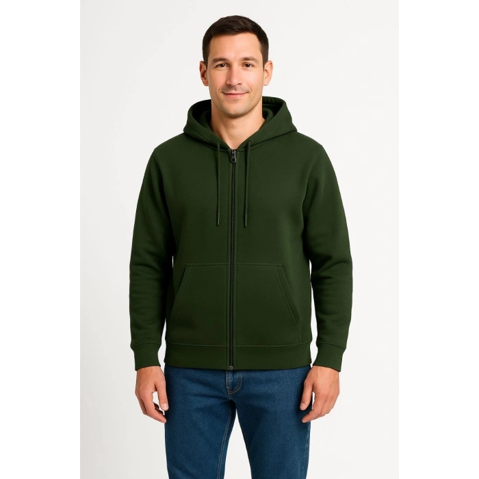 Üç İplik Kapüşonlu Tam Fermuarlı Kanguru Cepli Sweatshirt Hoodie - Haki -
