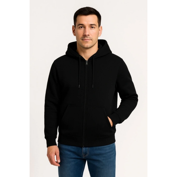 Üç İplik Kapüşonlu Tam Fermuarlı Kanguru Çepli SweatShirt Hoodie - Siyah -