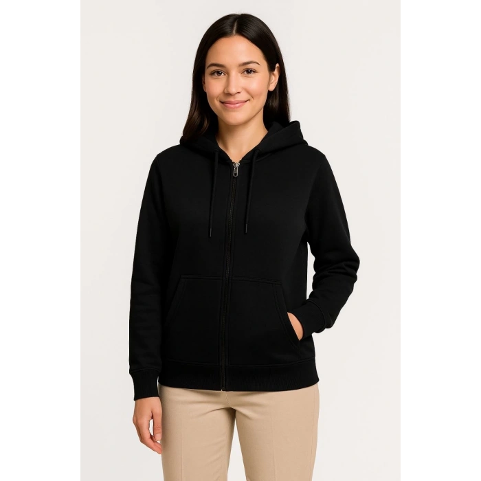 Üç İplik Kapüşonlu Tam Fermuarlı Kanguru Çepli SweatShirt Hoodie - Siyah -