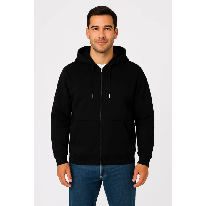Üç İplik Kapüşonlu Tam Fermuarlı Kanguru Çepli SweatShirt Hoodie - Siyah -
