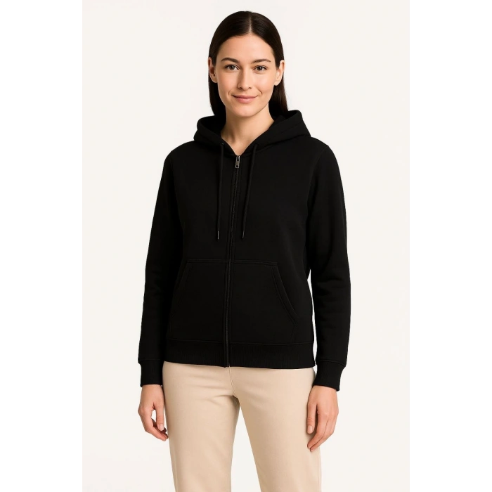 Üç İplik Kapüşonlu Tam Fermuarlı Kanguru Çepli SweatShirt Hoodie - Siyah -