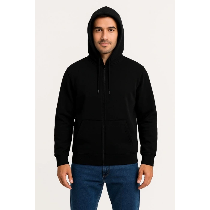Üç İplik Kapüşonlu Tam Fermuarlı Kanguru Çepli SweatShirt Hoodie - Siyah -